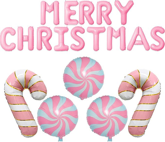 Christmas Balloons Pink Candy Cane Balloon Lollipop Pink Merry Christmas Balloon Candy Balloons for Xmax Party Decorations Xmas New Year Themed Party Supplies Sets-19 Pcs