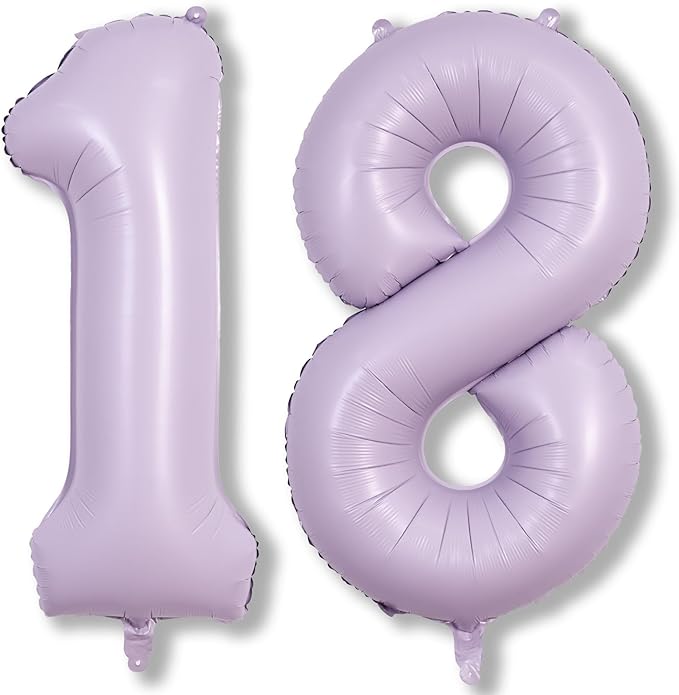 Pastel Dusty Purple Number 18 Birthday Balloons, 40 Inch Foil Number 1 & 8 Balloons for Women, 18th Birthday Balloons Light Purple for 18 Year Old Girls Anniversary Birthday Party Decorations Supplies
