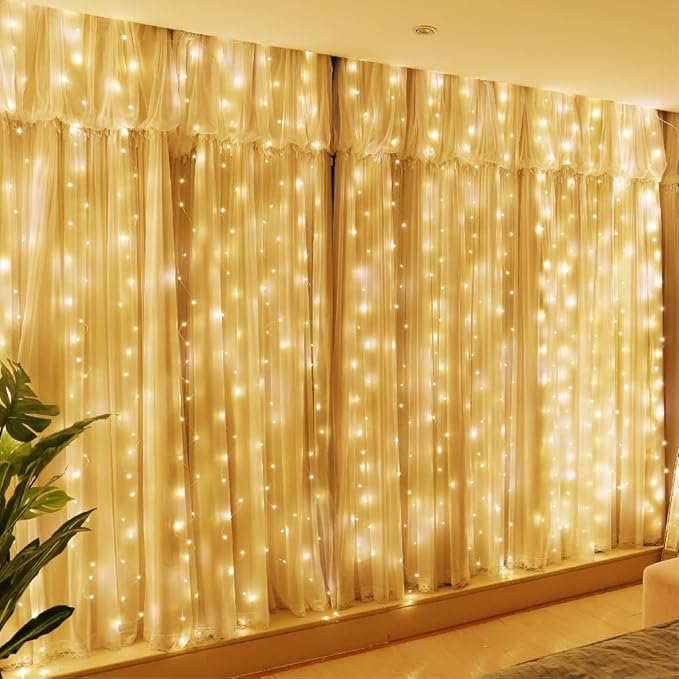 HXWEIYE 300LED Fairy Curtain Lights, 9.8x9.8Ft USB Plug-in 8 Modes Christmas String Hanging Lights with Remote for Bedroom Backdrop Wedding Indoor Wall Decor, Warm White, Standard – 1 Pack