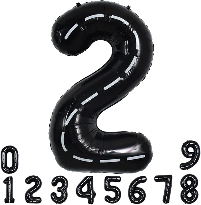 TONIFUL Race Car Black Balloons Car Birthday Party Supplies,40 Inch Giant Jumbo Helium Foil Mylar Big Number 2 Digital 2 Balloons for Boy's Birthday Party Truck Race Car Theme Party Decorations