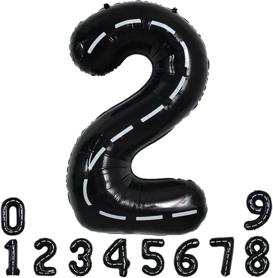 TONIFUL Race Car Black Balloons Car Birthday Party Supplies,40 Inch Giant Jumbo Helium Foil Mylar Big Number 2 Digital 2 Balloons for Boy's Birthday Party Truck Race Car Theme Party Decorations