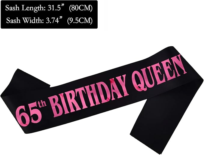 65th Birthday Queen Sash, Pink Foil Black Satin Birthday Sash for Women 65th Fabulous Birthday Party Gift Decorations Favors