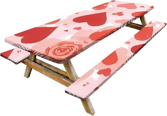 Hearts Picnic Table Cover with Bench Covers Set of 3-Pink Background with Roses,Elastic Fitted Tablecloth for 6 Ft Tables, Washable Polyester Cover for Valentines Day Camping, Indoor & Outdoor