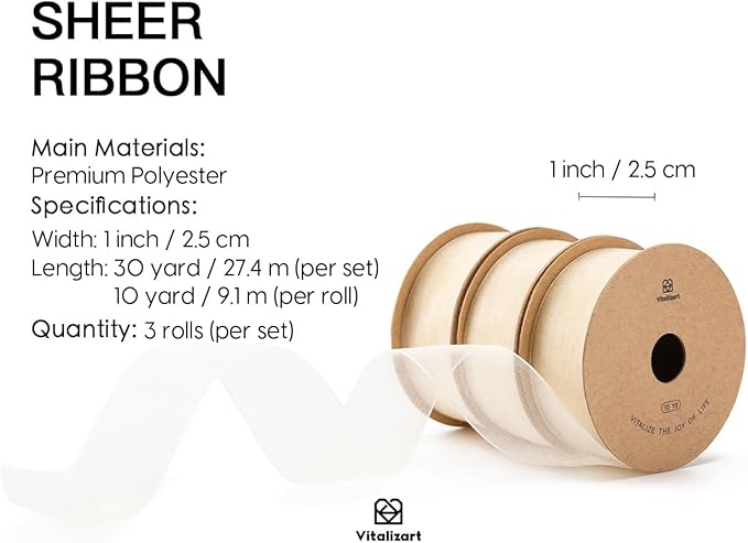 Vitalizart Ivory Cream Ribbon Organza Sheer Ribbon 1 inch x 30Yd Handmade Fabric Ribbons for Gift Wrapping Christmas Tree Crafts Bows Wedding Invitations Wreaths Wrap