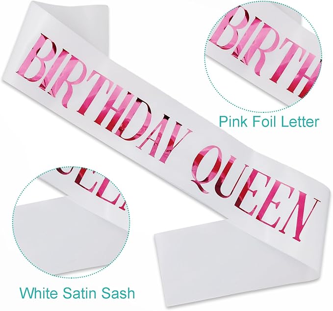 Birthday Queen Sash, Pink Foil White Birthday Sash for Women 21st 30th 40th 50th 60th 70th Fun Birthday Party Favors Gifts Decorations