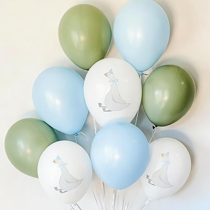 Silly Blue Bow Goose Balloons Set, 12 Inch Pastel Blue Sage Green White Goose Print Latex Balloons for Boy Girl 1st 2nd One Silly Goose Theme Birthday Baby Shower Party Decorations