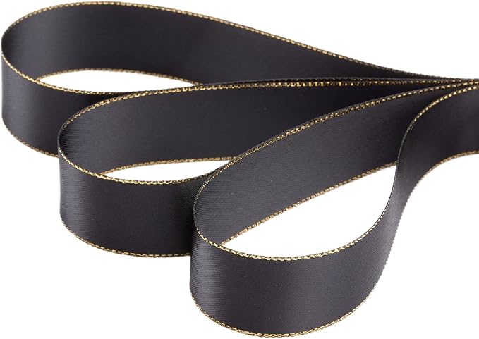 1" Double Face Satin Ribbon with Gold Edge 25 Yards (030-Black), Perfect for Gift Wrapping, Party Decor, Wedding and Craft