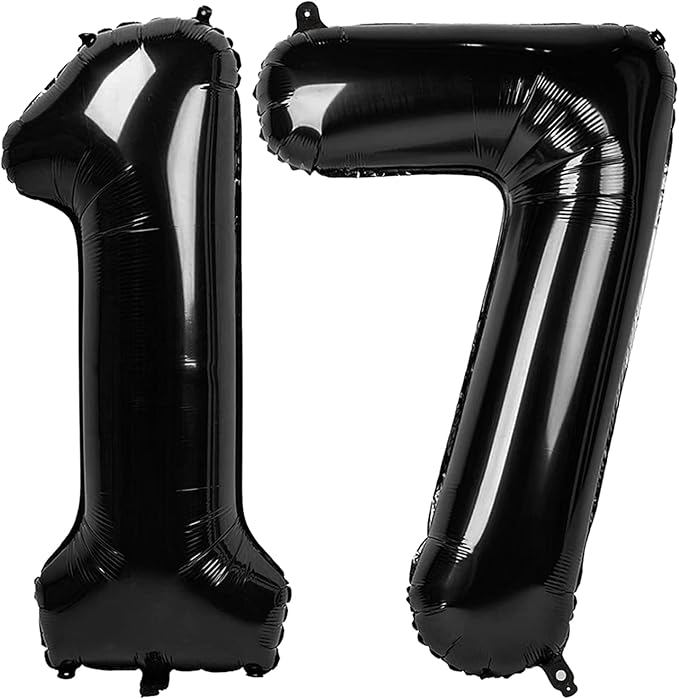 Numbers 17 Balloons 40 Inch, Black 17th Birthday Decoration for 1 7 17 71 Men & Women, Foil Big Number Balloon for Wedding Store Anniversary Promotion Party Decorations