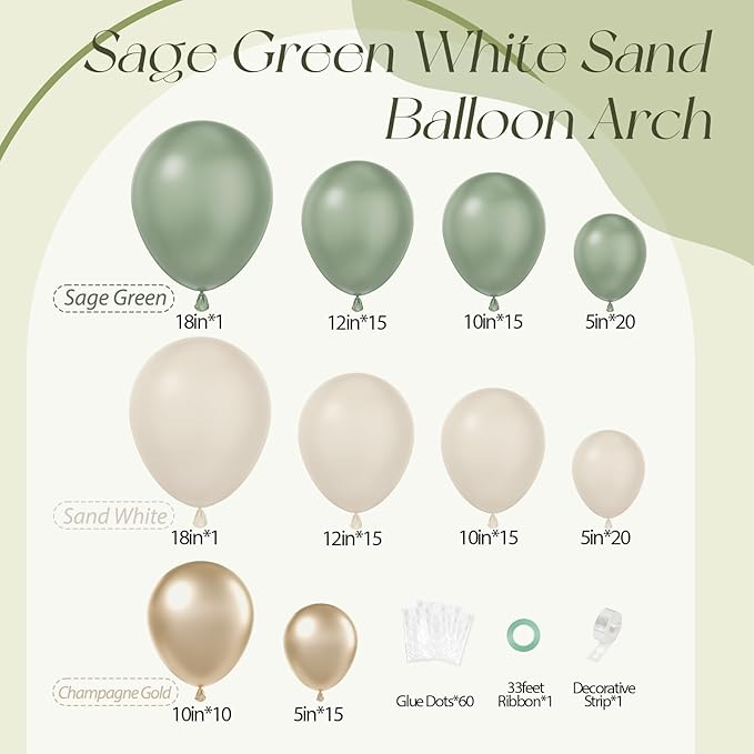 130Pcs Sage Green Gold Balloon Garland Arch Kit with Sage Green Sand White Gold Balloons for Baby Shower Bridal Shower Birthday Engagement Wild One Party Decorations