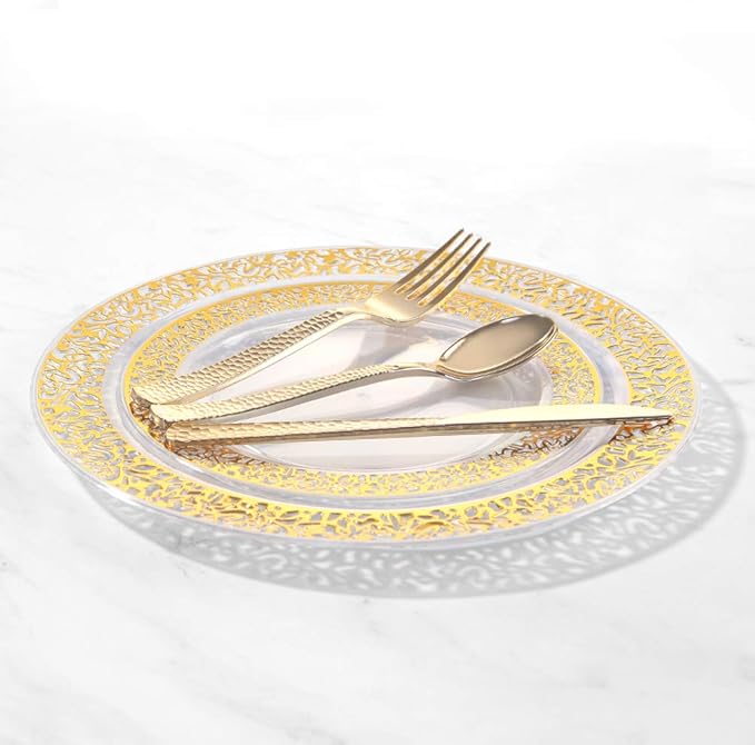 Supernal 360pcs Gold Plastic Silverware Set - Heavy Duty Disposable Cutlery (120 Forks, 120 Spoons, 120 Knives) - Elegant Hammered Finish, Premium Plastic Flatware for Weddings, Parties & Catering