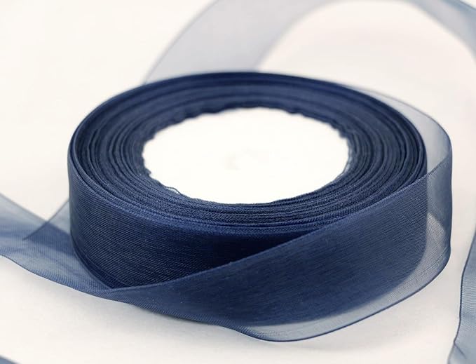 1 Inch 50 Yards Sheer Organza Ribbon Chiffon Ribbon for Gift Wrapping Wedding Bouquet Crafts (Navy Blue)