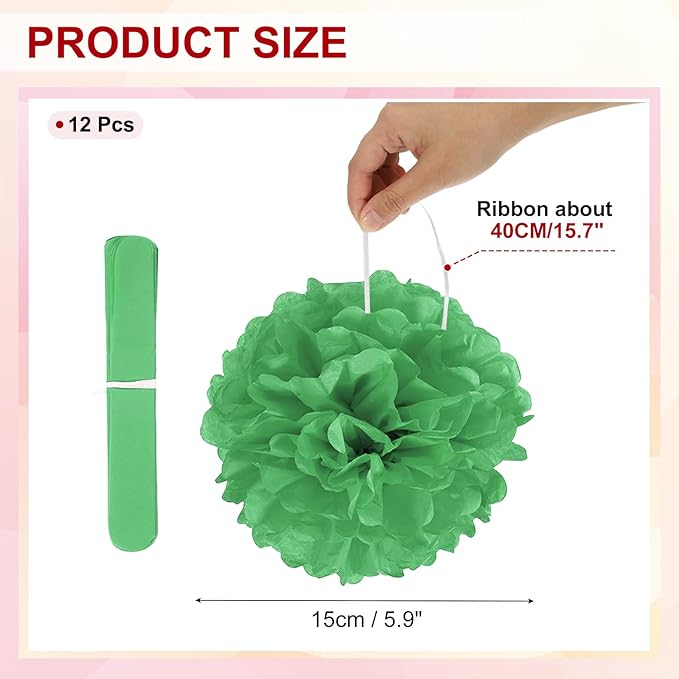 PATIKIL 6inch Tissue Paper Pom Poms, 12PCS Pom Poms Paper Flowers Ball Tissue Paper Flowers for Wedding Bridal Shower Birthday Bachelorette Party Backdrop Decoration, Green