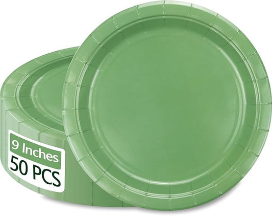 50Pcs Sage Green Paper Plates - 9” Round Bulk Dinner Plates for Spring Summer Daily Use Holiday Picnic Celebrations Sage Green Birthday Party Decorations