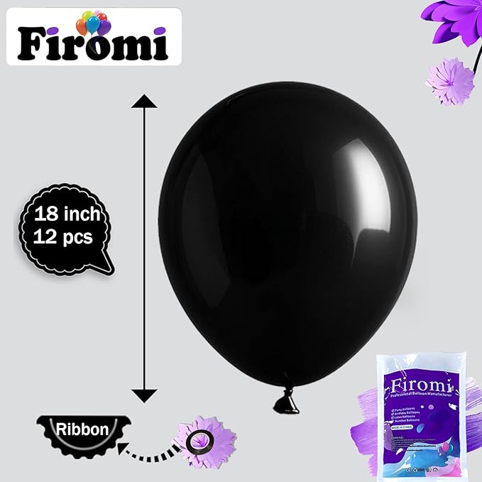 Firomi Black Balloons 18-inch 12 Pack Large Thicken Helium Big Black Latex Balloon Round for Wedding Birthday Party (with 1 Ribbon)
