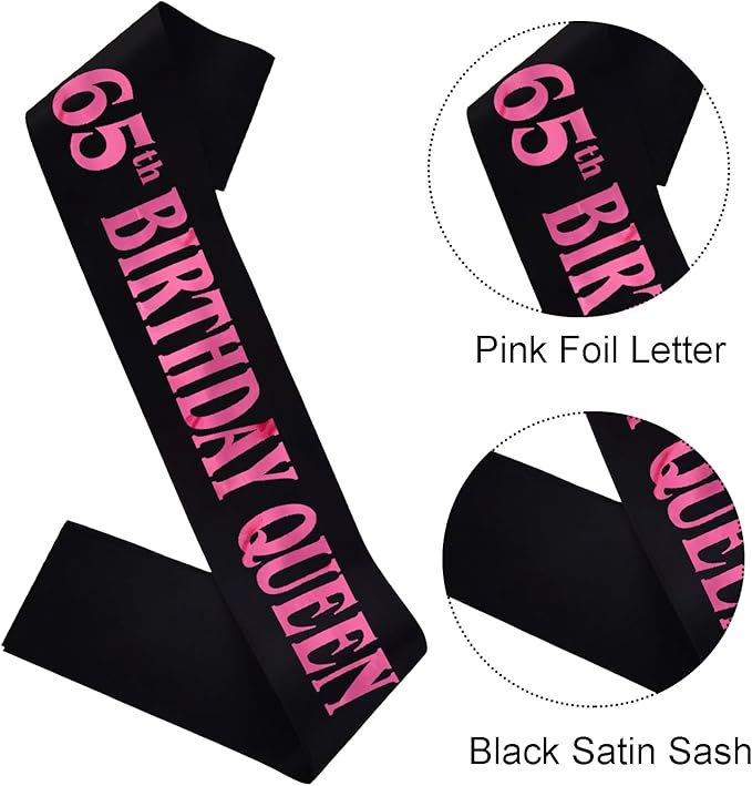 65th Birthday Queen Sash, Pink Foil Black Satin Birthday Sash for Women 65th Fabulous Birthday Party Gift Decorations Favors