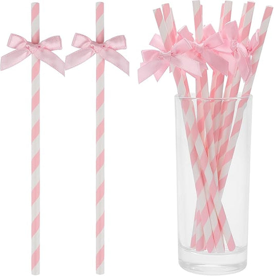 140 Pcs Pink Paper Straws, Bow Disposable Striped Drinking Straws Bulk for Pink Theme Birthday, Wedding, Baby Shower, Bachelorette Party Cake Decorations