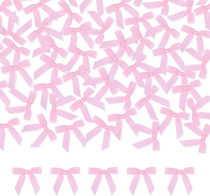 Meseey 100 Pcs 1.5 Inches Premade Craft Bows Self Adhesive Pink Satin Ribbon Bows for Treat Bags Gift Wrapping Basket Wedding Baby Shower Brithday Party(Pink)