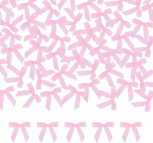 Meseey 100 Pcs 1.5 Inches Premade Craft Bows Self Adhesive Pink Satin Ribbon Bows for Treat Bags Gift Wrapping Basket Wedding Baby Shower Brithday Party(Pink)