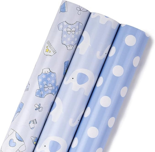 MAYPLUSS Blue Elephant Baby Shower Wrapping Paper - 17" X 120" Per Roll(3 Rolls) - Elegant Welcome Boy Elephant Theme Birthday Gift Wrap Sheet for Baby Shower, Celebration, Party, Newborn