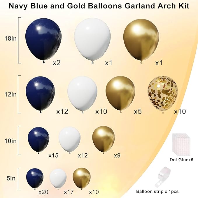 Blue and Gold Balloons Garland Arch Kit, Navy Blue and Gold Confetti Balloons for Class 2026 Graduation, Birthday, Retirement, Anniversary, Baby Shower Party Decorations