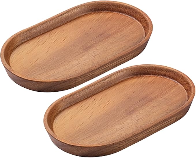 Vandroop Mini Serving Trays for Parties, Small Decorative Tray for Tea＆Coffee, Oval Wooden Plates for Serving Food for Appetizer＆Vegetables for Bathroom 7.8"×4.6" (Acacia, Set of 2)