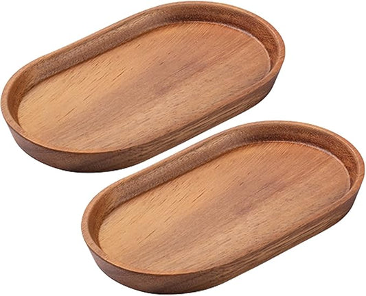 Vandroop Mini Serving Trays for Parties, Small Decorative Tray for Tea＆Coffee, Oval Wooden Plates for Serving Food for Appetizer＆Vegetables for Bathroom 7.8"×4.6" (Acacia, Set of 2)