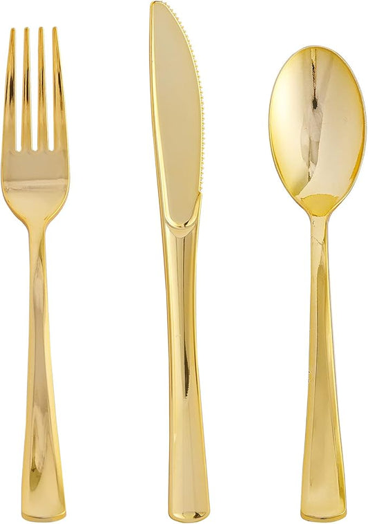 FOCUSLINE 75 Pack Gold Plastic Silverware Disposable Cutlery Set - 25 Forks Knives Spoons - Disposable Flatware Heavy Duty Plastic Utensils Set for Catering, Parties, Dinners, Weddings