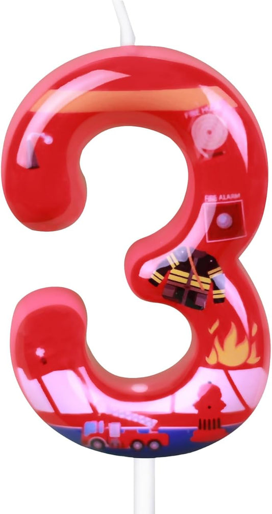 Number 3 Candle, Firetruck Fireman Cake Decoration, 3rd Birthday Candle Birthday Party Supplies Firefighter Themed Cake Topper Decorations for Kids Boy Girl Party Decor (red, Number 3)
