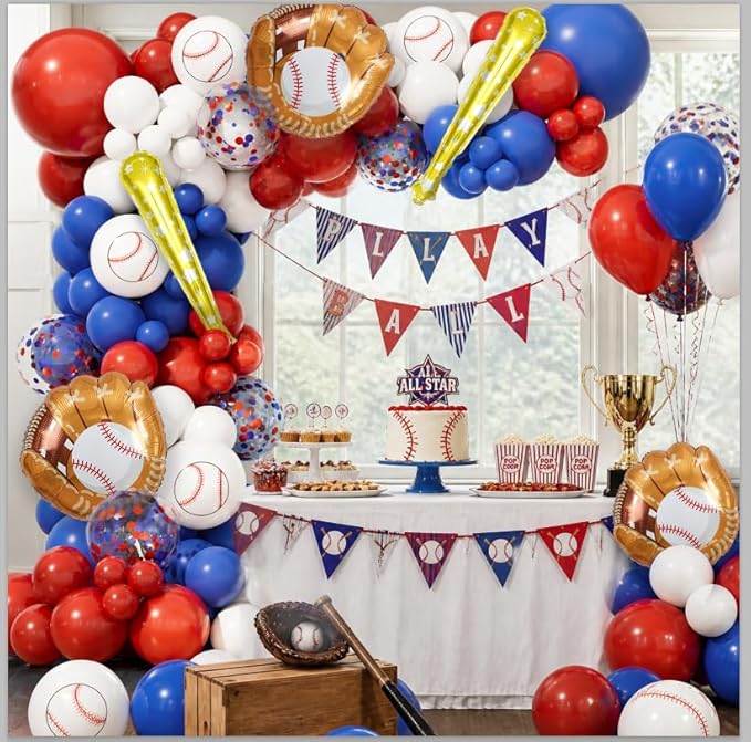 AobkDeco Baseball Balloon Garland Arch Kit Baseball Party Decorations with 143pcs Red White Blue Confetti Latex Balloons Baseball Foil Balloons for Baseball Theme Birthday Party Supplies Baby Shower