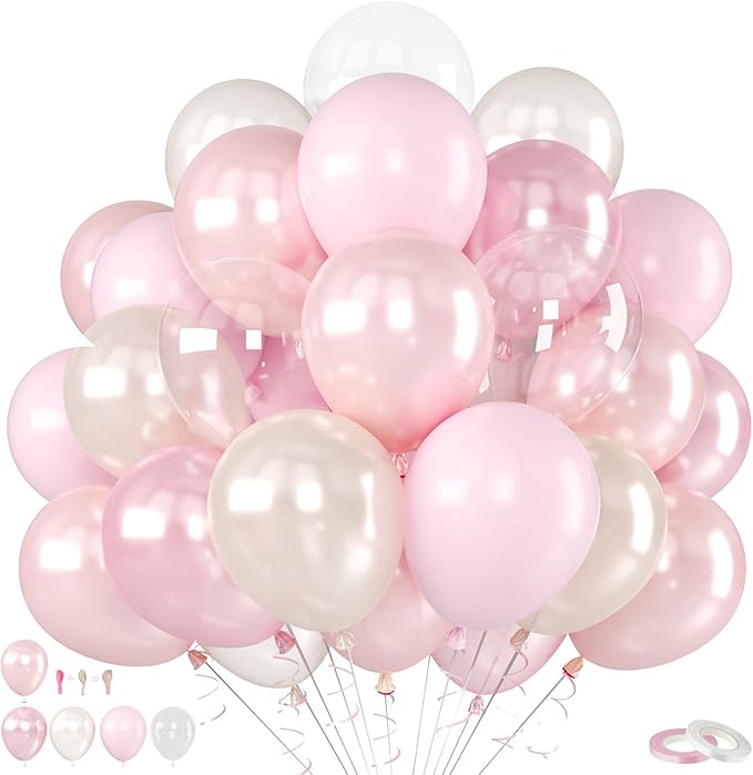 Pink Balloons, 60Pcs Pink and White Balloon, 12 Inch Latex Pastel Pink Balloons Helium for Women Girls Birthday Baby Shower Bridal Shower Gender Reveal Romantic Wedding Engagement Party Decorations