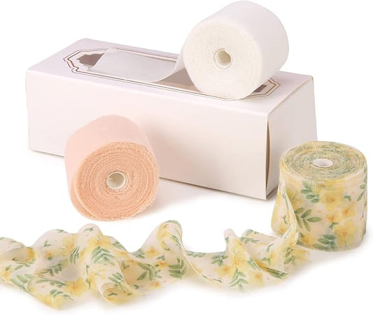 Handmade Fringe Floral Silk Chiffon Ribbons 1.5" x 7 Yards, 3 Rolls 21 Yards Nude Floral Ribbons Set for Wedding Invitations, Bridal Bouquets, Gifts Wrapping, DIY Crafts Decoration