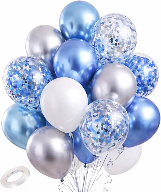 Blue White Silver Balloons Garland Kit – 60pcs 12 Inch Chrome Blue, White & Silver Confetti Latex Balloons for Baby Shower, Birthday Party Decorations & Balloon Arch