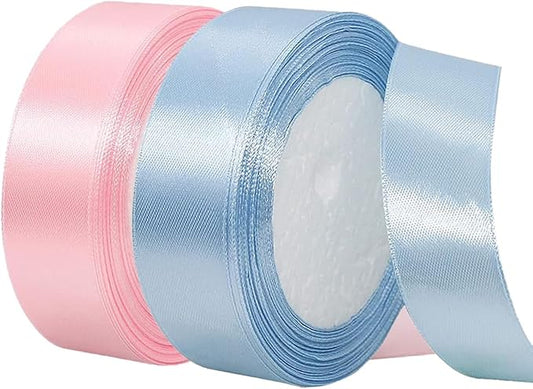2 Rolls Light Blue Ribbon, 1 Inch x 50 Yards Satin Blush Pink Fabric Ribbon for Flower Bouquets, Gift Wrapping, DIY Crafts, Birthday Cakes, Holiday, Wedding Party and Mother’s Day Decorations