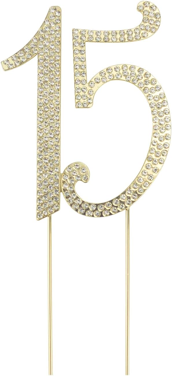 JANOU 15 Cake Topper Number 15 Crystal Rhinestones 15th Cake Decoration for Birthday Anniversary Party Decoratio (Gold)