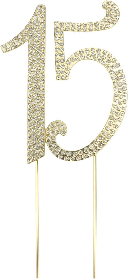 JANOU 15 Cake Topper Number 15 Crystal Rhinestones 15th Cake Decoration for Birthday Anniversary Party Decoratio (Gold)