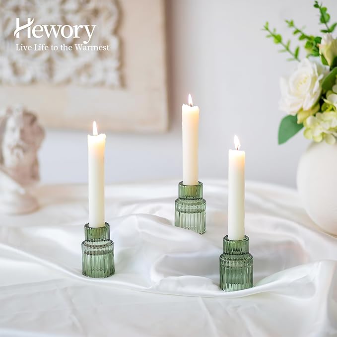 Hewory Glass Taper Candle Holders: 20 PCS Green Vintage Candle Holder Candlestick Holders Bulk, Ribbed Glass Candle Holder Candle Sticks Holder Decor for Table Centerpiece Wedding Christmas Home Decor