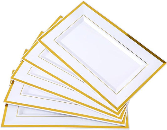 Mwellewm 12 Pcs White Plastic Serving Trays with Gold Rim, 14''x9'' Rectangle Dessert Trays for Dessert Table, Disposable Platters Cookie Cupcake Gold Serving Tray for Birthday Party Wedding