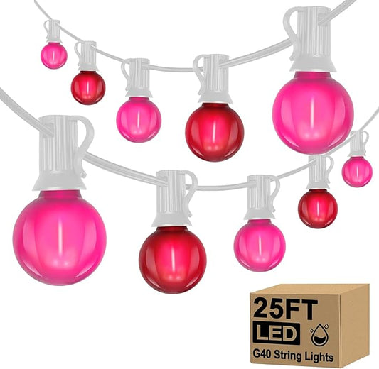 G40 LED Valentine’s Day String Lights, 25Ft Valentines Decorations Lights Outdoor with Frosted Red Pink Round Bulbs, Hanging Patio Lights Shatterproof for Indoor Home Decor Mother Day, White Wire