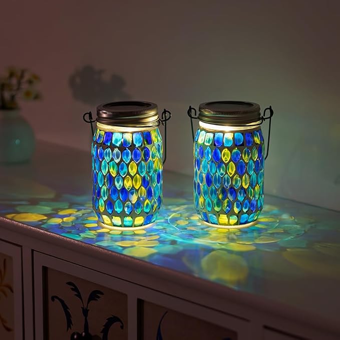 Starsoul 4 Pack Solar Lanterns Outdoor Waterproof, Decorative Teal Mosaic Glass Outdoor Lantern, Hanging Solar Garden Lights for Outside Pathway Patio Porch Yard Table, Gifts for Women Mom Grandma