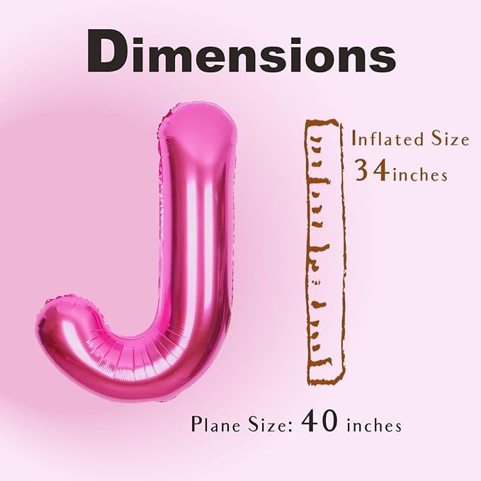 SUWEN 40 Inch Hot Pink Large J Letter Balloons Big Foil Helium Letter Balloons A-Z Jumbo Mylar Happy Birthday Party Decorations for Woman Anniversary Party Supplies