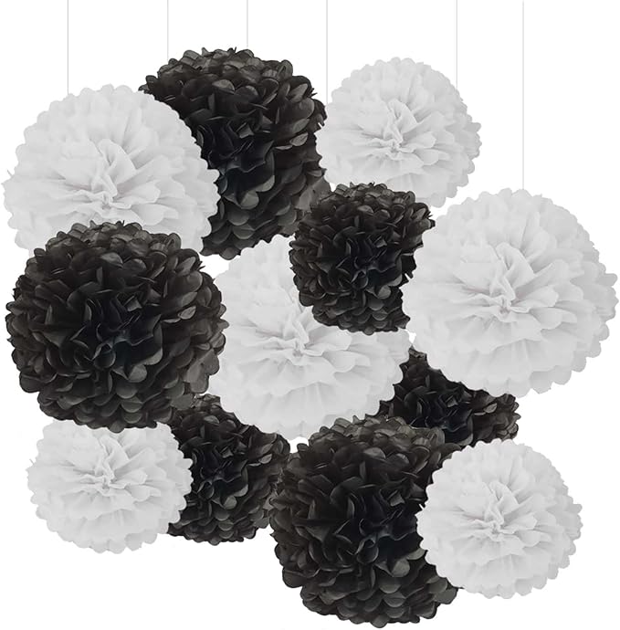 Black and White Tissue Paper Pom Poms Hanging Tissue Flowers Poms Decorations Pack of 12 for Wedding, Birthday,Party Backdrop Decor ect. (12", 10",Tissue Paper Flowers)