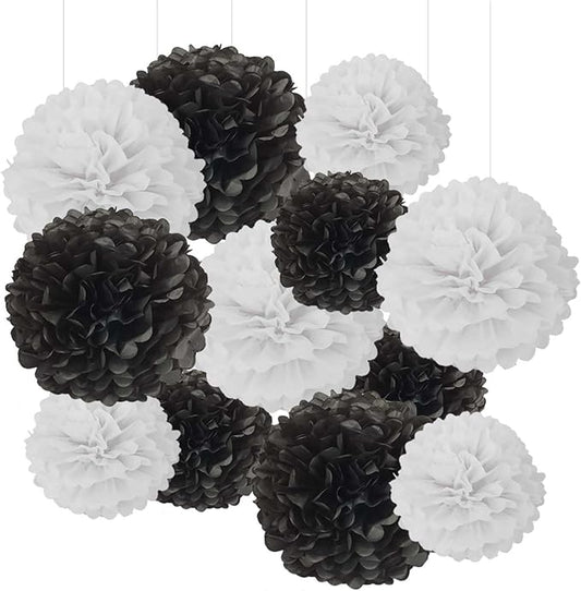 Black and White Tissue Paper Pom Poms Hanging Tissue Flowers Poms Decorations Pack of 12 for Wedding, Birthday,Party Backdrop Decor ect. (12", 10",Tissue Paper Flowers)