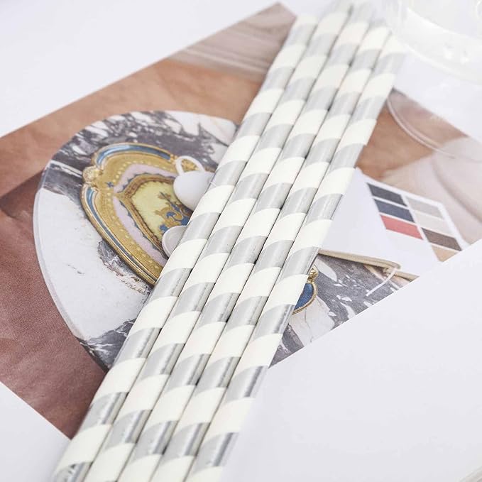 Efavormart 125 Pcs Candy Striped Paper Straws Silver Foil Swirl Straws For Wedding Birthday Party Dance Banquet - White/Silver