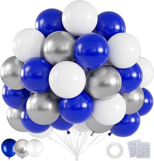 60pcs Blue and Silver Balloons, 12inch Royal Blue White Metallic Silver Party Balloons for Graduation 2026, Father's Day, Men's Birthday, Sports Party Decorations