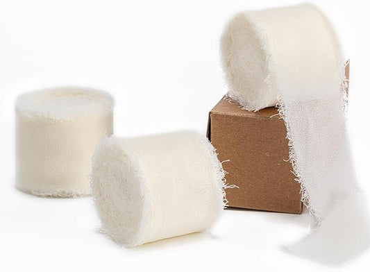 Husfunov Ivory Handmade Chiffon Ribbon,1.5Inch x 3 Rolls Total 24 Yards Ivory Fringe Chiffon Silk Ribbon,for Wrapping Wedding Invitations,Bridal Bouquets,DIY Crafts,Home Decor and More