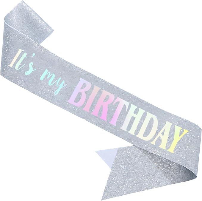 It's My Birthday Sash, Dazzle Foil Letter Glitter Silver Birthday Sash for Women Girl Kids Teenager Funny Bday Gifts Party Favors Photo Prop
