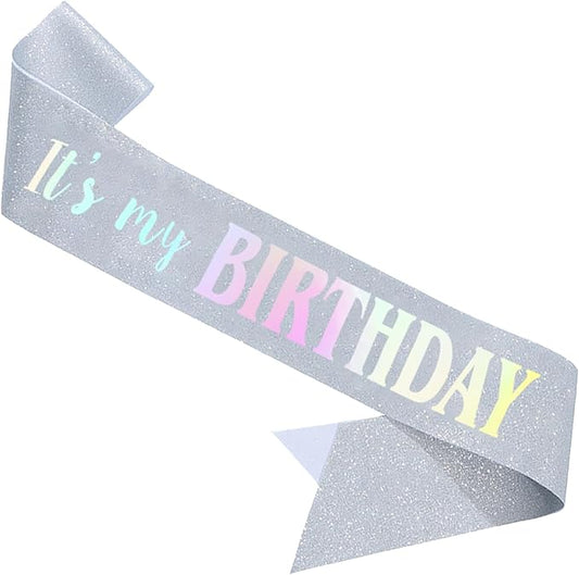 It's My Birthday Sash, Dazzle Foil Letter Glitter Silver Birthday Sash for Women Girl Kids Teenager Funny Bday Gifts Party Favors Photo Prop