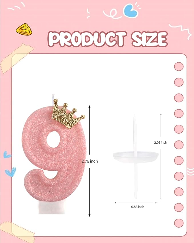 Birthday Candles for Cake, Pink Number Candles, Cake Candles with Cake Topper for Birthday Party Wedding Anniversary Celebrations (9 Candle)