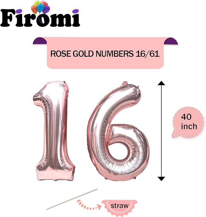FIROMI 16 Foil Number Balloons Rose Gold 40-inch Big Giant Jumbo Mylar 16 or 61 Balloon Numbers for 16th Birthday Party Anniversary Decorations