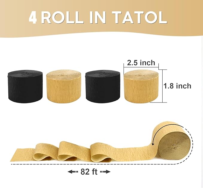 4 Rolls Crepe Paper Balck Gold Streamers – Perfect for Streamers Party Decorations, Wedding, Birthday, Colored Decor, and DIY Craft Supplies(1.8 Inch x 82 Ft/Roll)